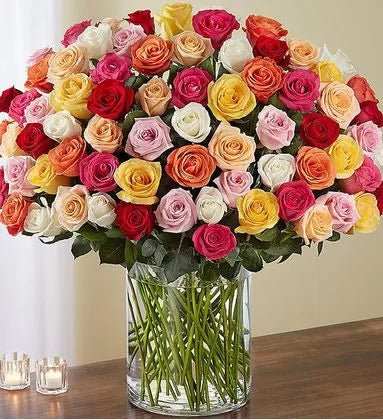 100 Multicolored Long Stem Roses in a Vase