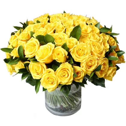 Shiny 100 Premium Long-Stemmed Yellow Roses in a Vase