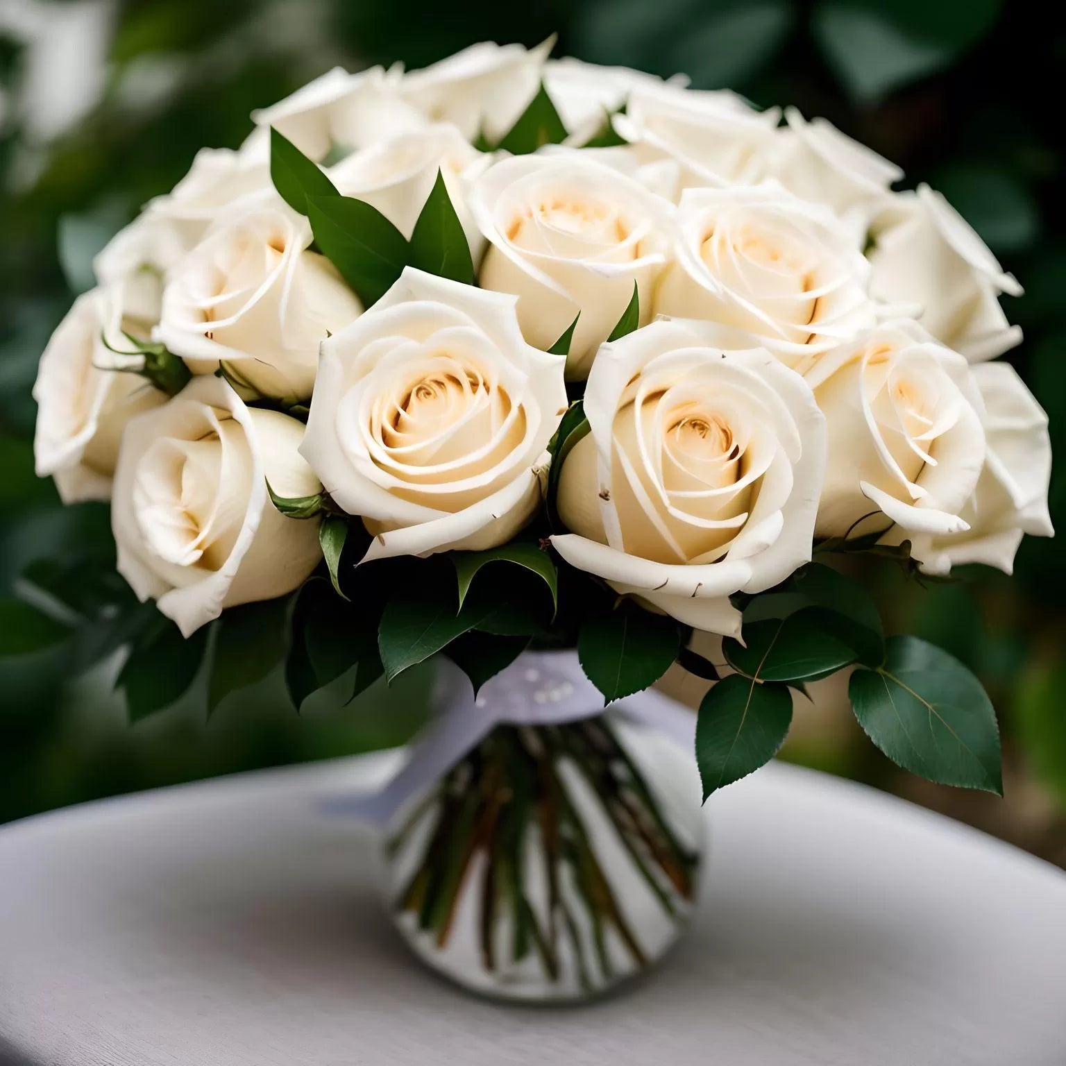 12 White Roses in Exquisite Glass Vase