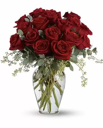 16 Red Roses in a Lovely Glass Vase