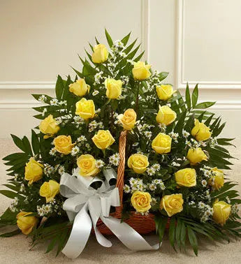 50 Bright Yellow Roses in a Basket