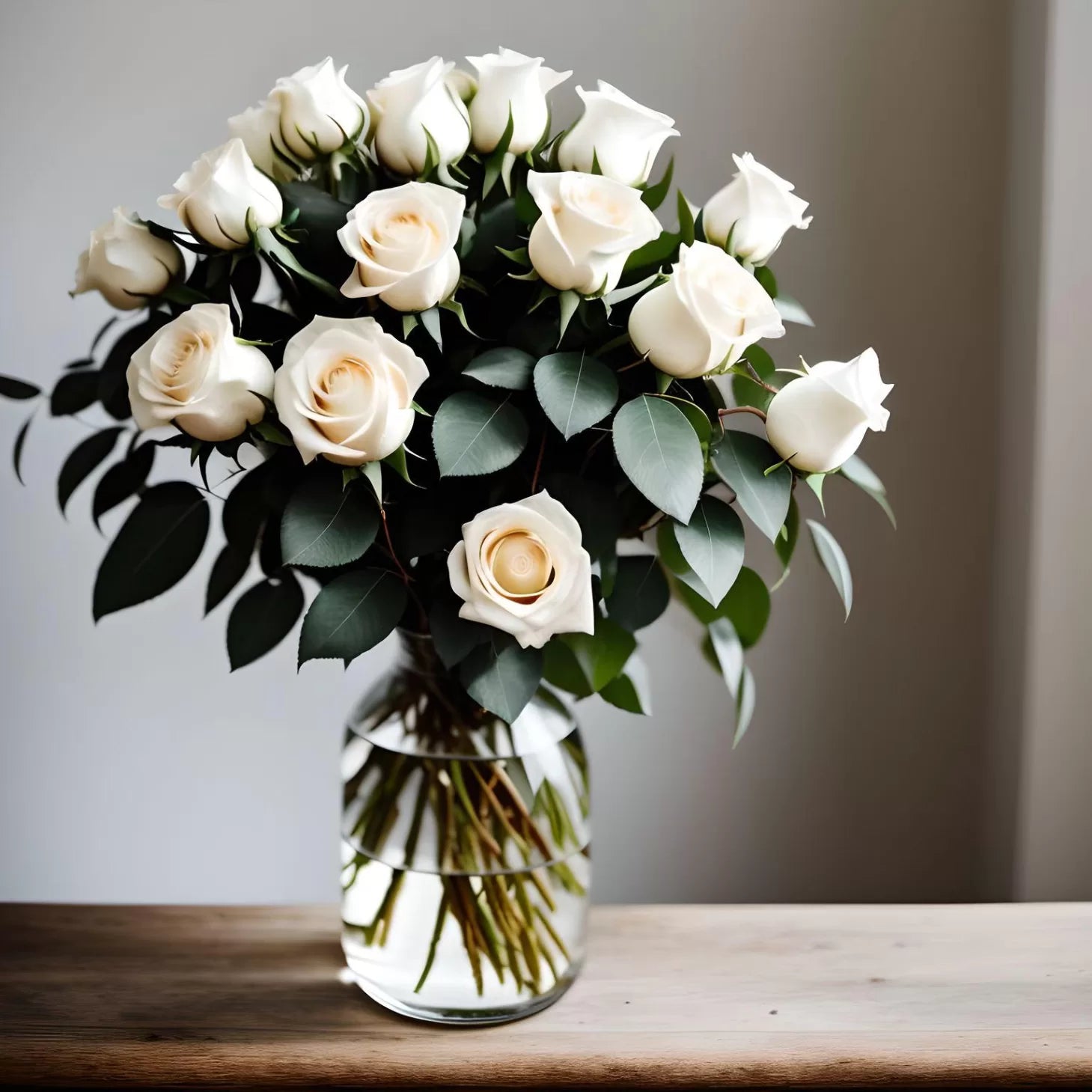 Beautiful 12 White Rose in a Glass Vase