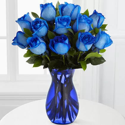 Lovely 12 Blue Roses in a Vase