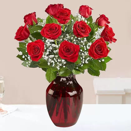 Classic 12 Red Roses in a Red Vase