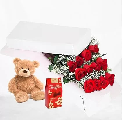 Dozen Long-stem Red Roses Combo in White Box