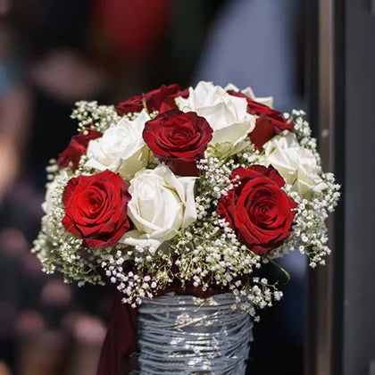 Elegant Red & White Roses In a Vase