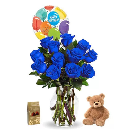 12 Blue Roses in a Vase with Combo