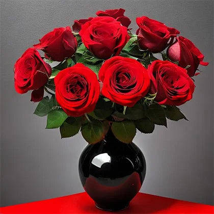 Lovely 12 Red Roses in Black Vase