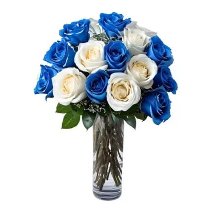 Resplendent Dozen Blue and White Roses in a Vase