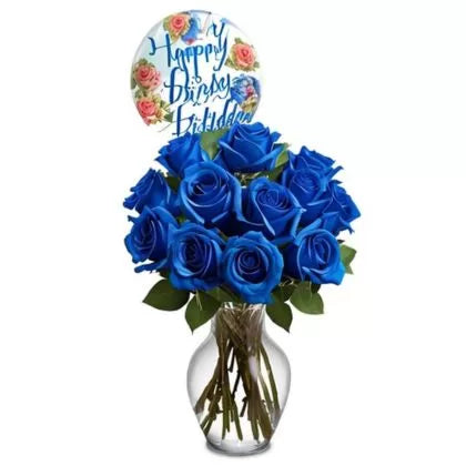 Royal 12 Blue Roses in a Vase With Balloons