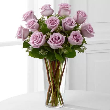 Enchanted 12 Lavender Roses in a Clear Glass Vase